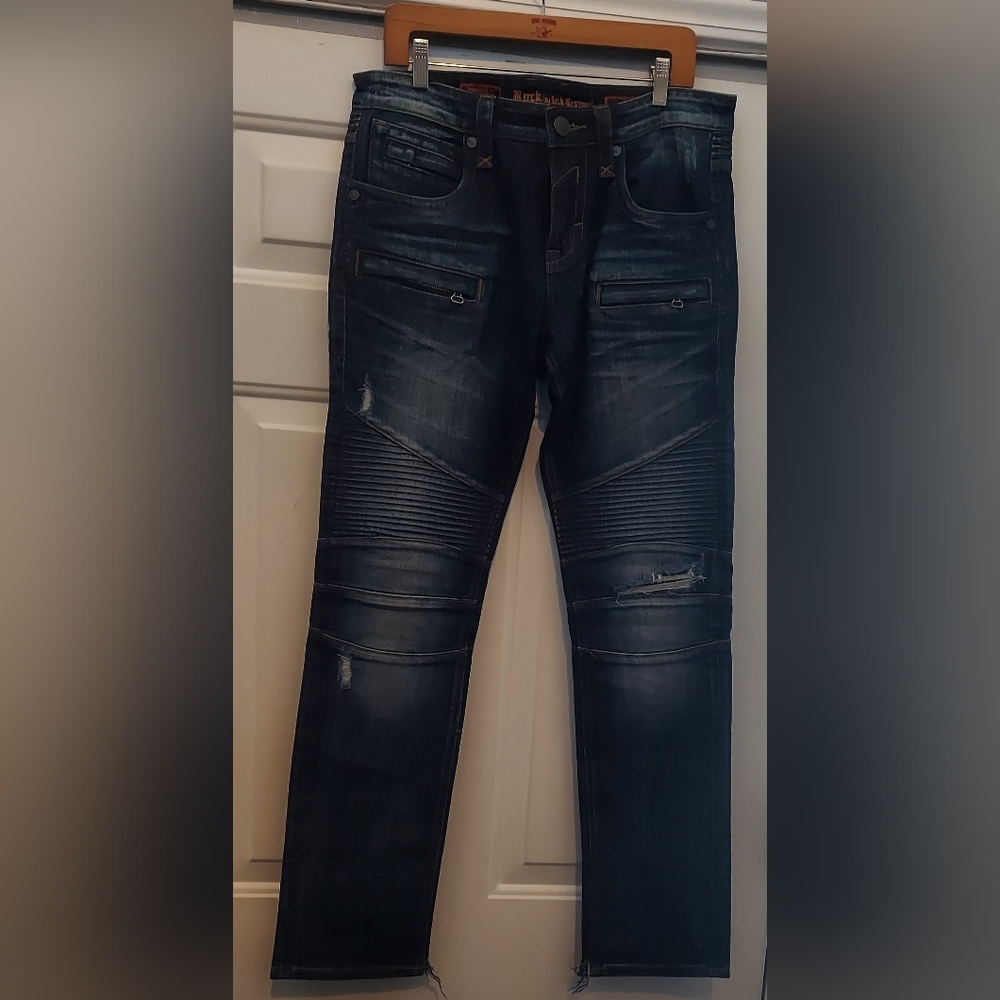 ROCK REVIVAL "IAN" SKINNY MEN'S DISTRESSED & DESTROYED BIKER JEANS SIZE 33 X 34
